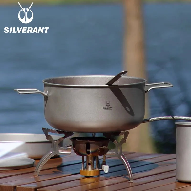 Titanium Pot And Frying Pan Combination 2 Piece Set Outdoor Large Camping Cookware With Folding Handle For Travel Bushcraft