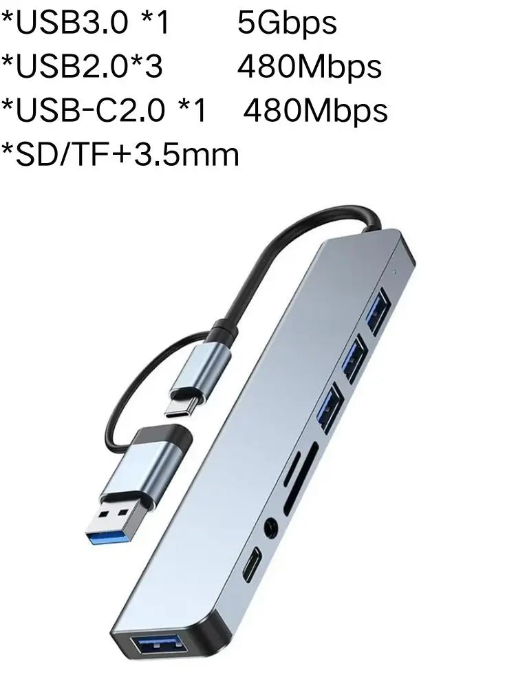 8 In 2 USB C Hub Expander Multiport Adapter Type C Splitter Dock USB 3 Port For Xiaomi Phone Tablet Fast Data Transfer Charging