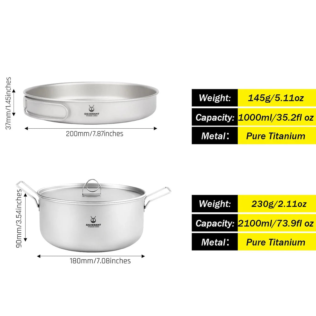 Titanium Pot And Frying Pan Combination 2 Piece Set Outdoor Large Camping Cookware With Folding Handle For Travel Bushcraft