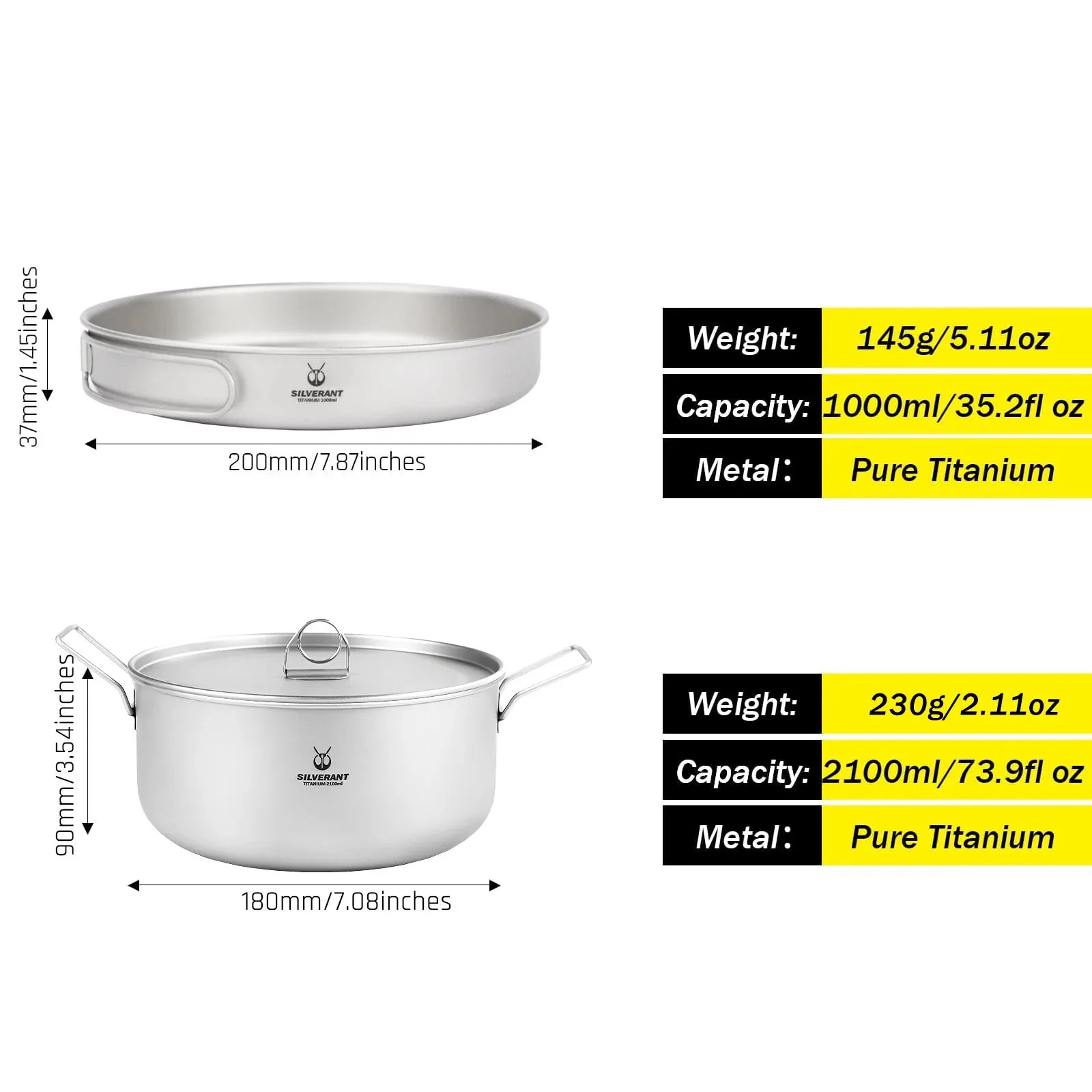Titanium Pot And Frying Pan Combination 2 Piece Set Outdoor Large Camping Cookware With Folding Handle For Travel Bushcraft