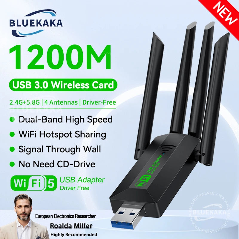 4 Antennas 1200Mbps WiFi USB 3.0 Adapter 2.4G/5GHZ Dual Band WiFi Dongle Wireless Receiver Network Card For PC/Laptop Win 10/11
