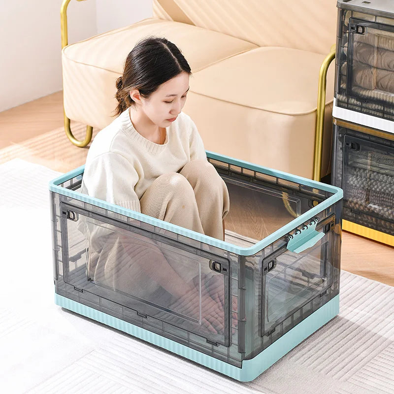 Collapsible Storage Bins With 3 Side Doors Clear Plastic Folding Storage Boxes With Lid Home Office Organization