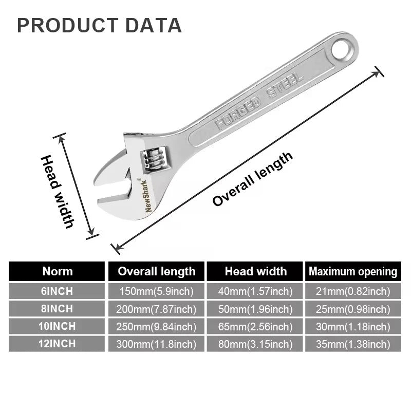 Adjustable Wrench Large Openin Long Handle Universal Spanner Clamp Wrench CR-V Steel Mechanical Workshop Hand Repair Tools