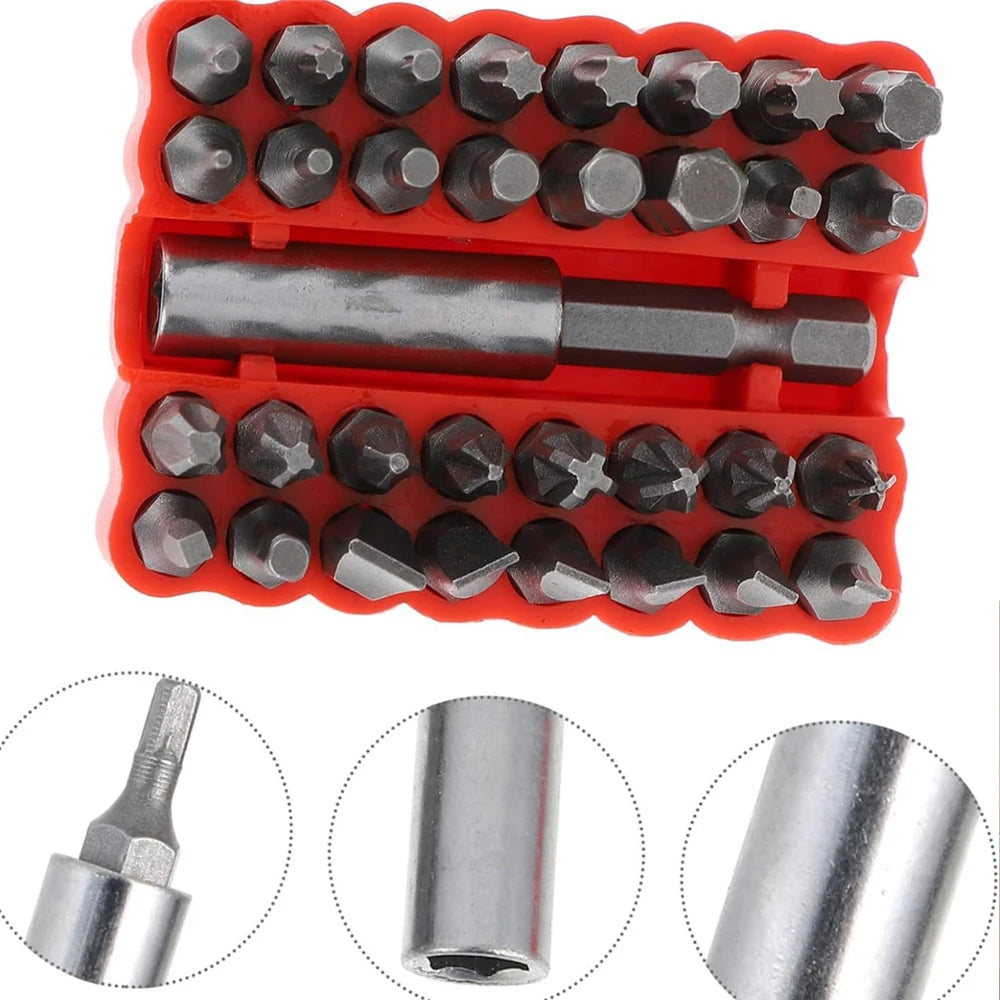 33pcs Magnetic Security Screwdriver Bit Torq Torx Hexagonal Star Spanner Electric Holder Bits Set 1/4" 6.35mm for Screwing