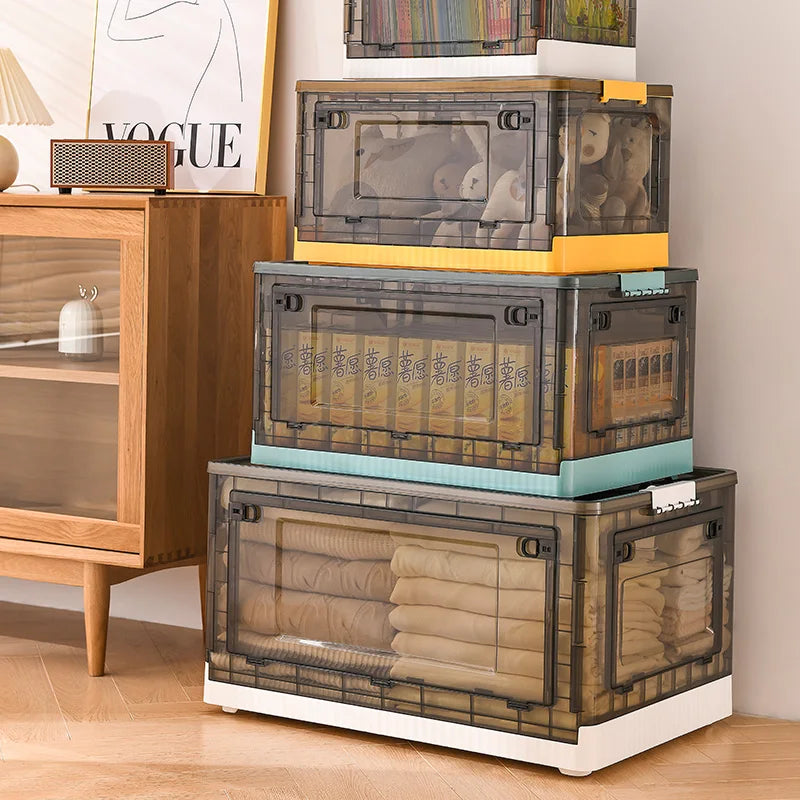 Collapsible Storage Bins With 3 Side Doors Clear Plastic Folding Storage Boxes With Lid Home Office Organization