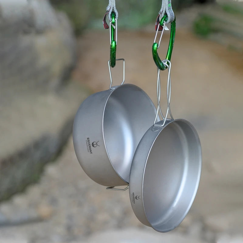 Titanium Pot And Frying Pan Combination 2 Piece Set Outdoor Large Camping Cookware With Folding Handle For Travel Bushcraft