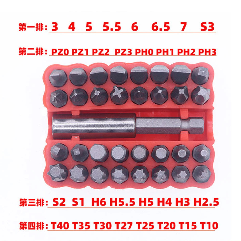 33pcs Magnetic Security Screwdriver Bit Torq Torx Hexagonal Star Spanner Electric Holder Bits Set 1/4" 6.35mm for Screwing