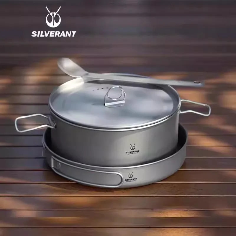 Titanium Pot And Frying Pan Combination 2 Piece Set Outdoor Large Camping Cookware With Folding Handle For Travel Bushcraft