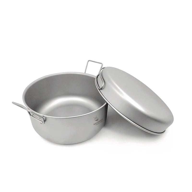 Titanium Pot And Frying Pan Combination 2 Piece Set Outdoor Large Camping Cookware With Folding Handle For Travel Bushcraft