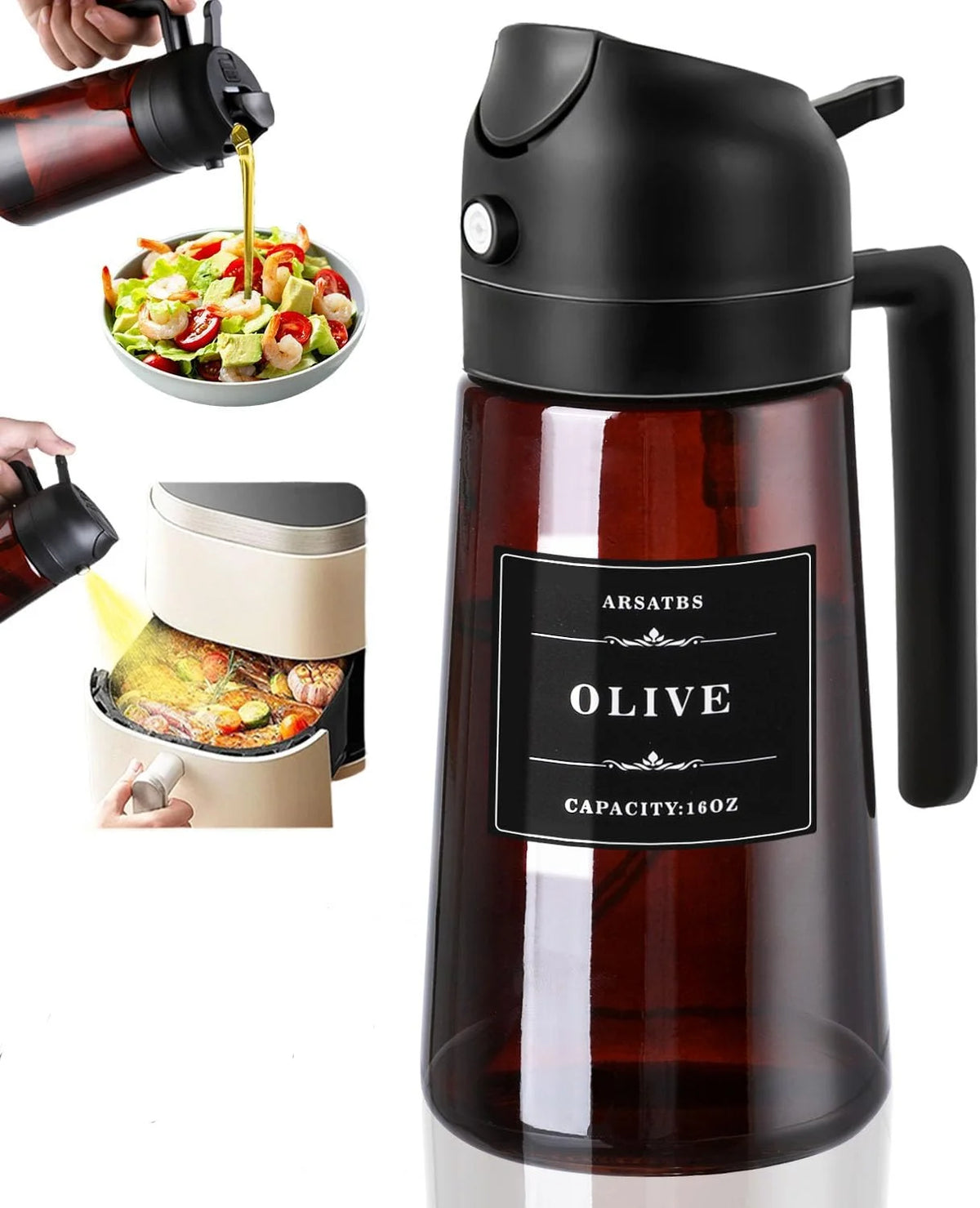 2-in-1 Glass Oil Dispenser & Sprayer - 16oz/470ml Leakproof Olive Oil Sprayer Bottle for Cooking, Air Fryer, BBQ, Baking, Salad