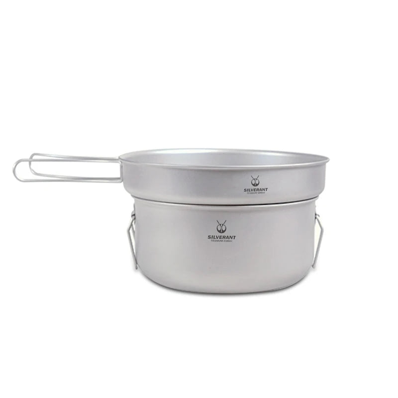 Titanium Pot And Frying Pan Combination 2 Piece Set Outdoor Large Camping Cookware With Folding Handle For Travel Bushcraft