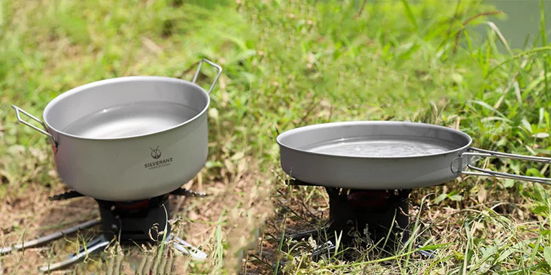 Titanium Pot And Frying Pan Combination 2 Piece Set Outdoor Large Camping Cookware With Folding Handle For Travel Bushcraft